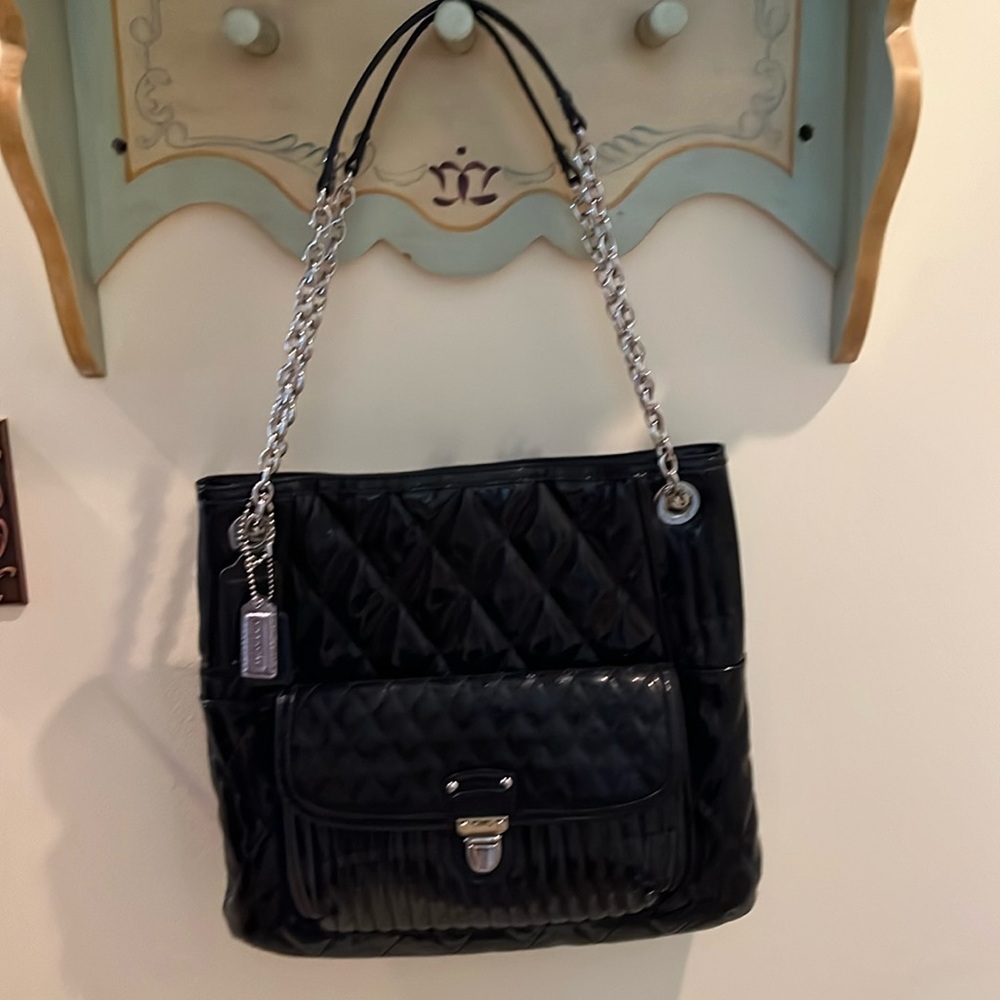 Coach black quilted patent leather purse